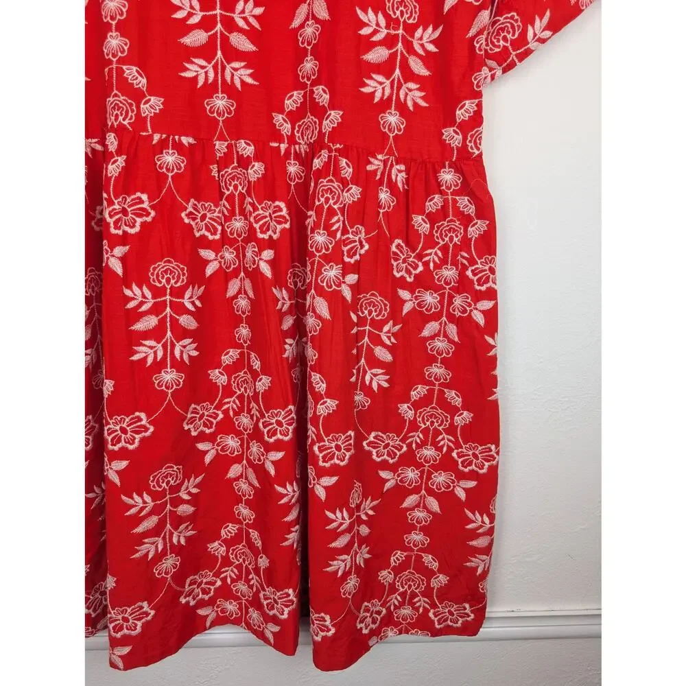 Draper James Simone Dress Floral Embroidered Ruffle Mini Cotton Red Size XL - Picture 7 of 11